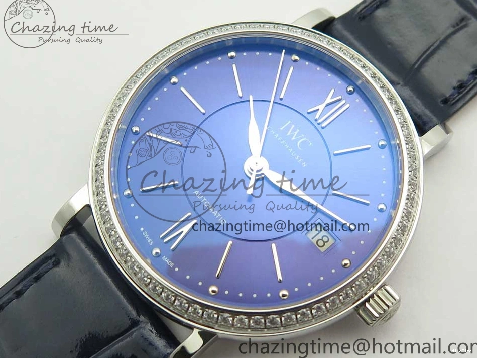 MIROTIME 0210 Fashionable Portofino IW458101 Diamond Bezel SS MK 1:1 Best Edition Blue Dial On Blue Leather Strap MIYOTA 7169